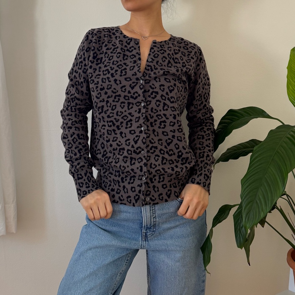 Ann Taylor Loft 100% Cotton Leopard Print Dark Brown Button Up Cardigan Size M